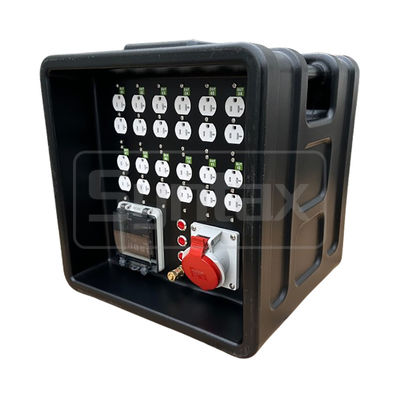 Syntax MD1 Three Phase 4P 32AMP HDPE Portable Distribution Box IP67 With 12 Nos UL Listed Nema Dual Sockets 430x380x460mm